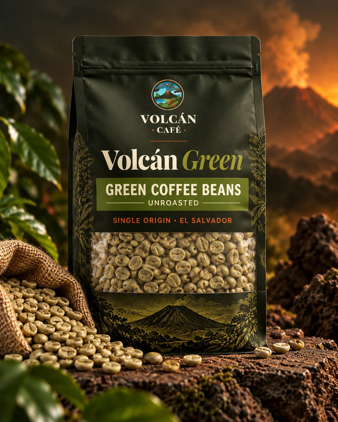 Volcán Green unroasted green coffee beans in a clear-window bag